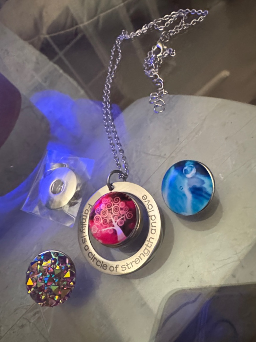 Interchangeable Pendant Necklace with Pink Tree Art Disc